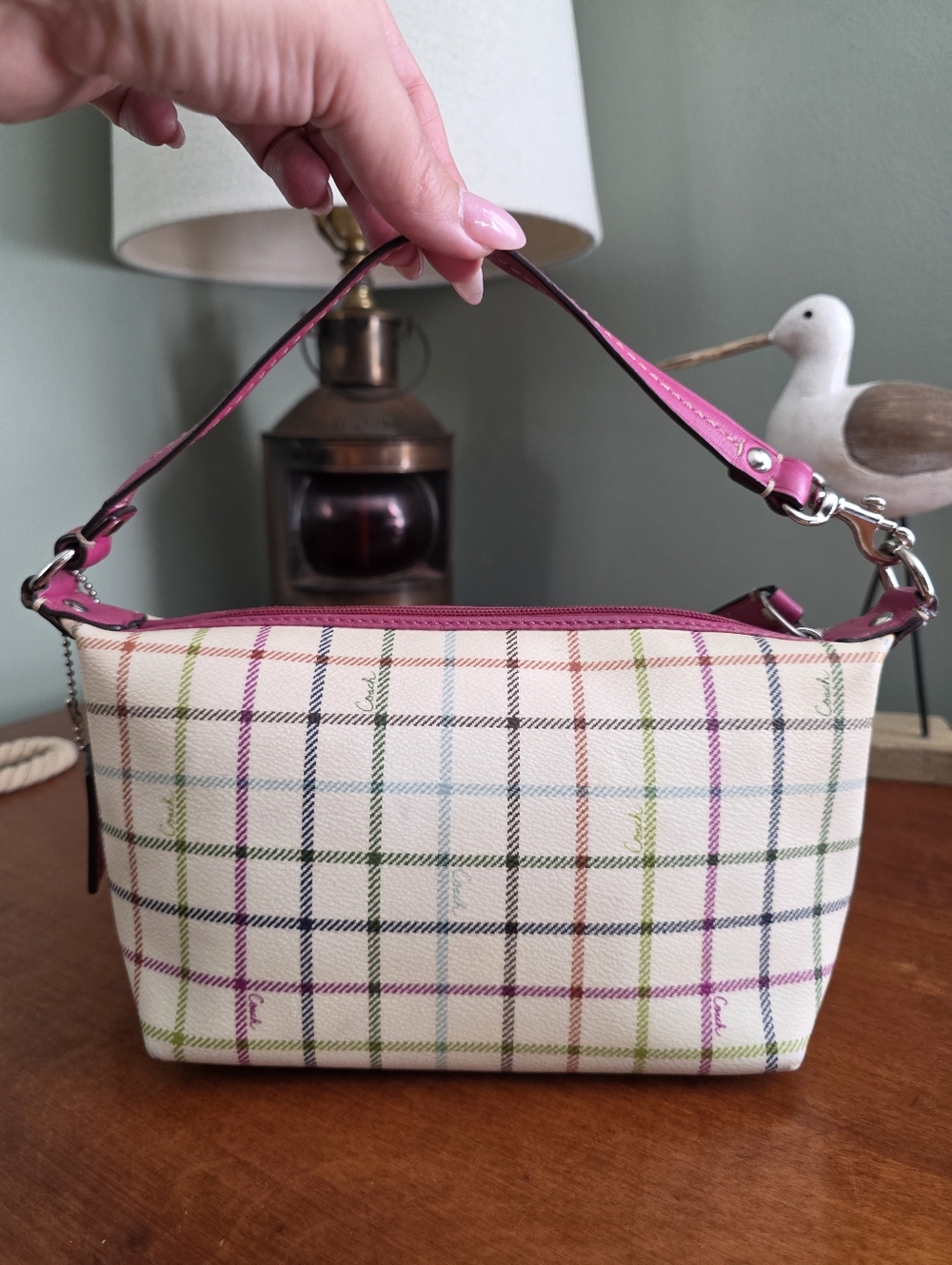 Coach Tattersall Demi Mini Shoulder Bag Pink Cream Canvas Leather Purse Y2K - Picture 4 of 16